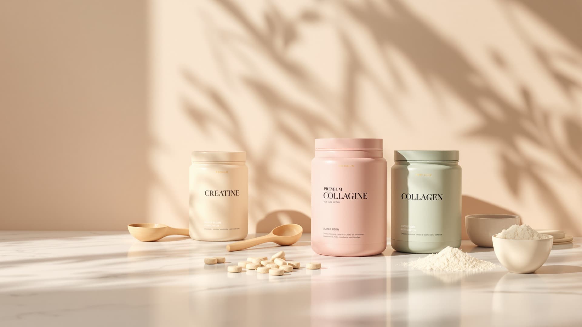 Curated supplement products arranged on a clean surface with natural lighting